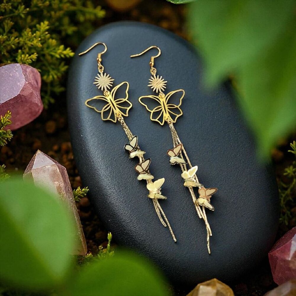 Gold Butterfly Tassel Earrings Whimsical Fairycore Dangle Earrings with Sun